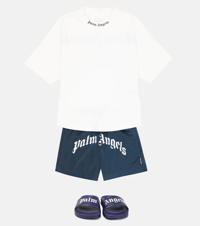 Shop Palm Angels Logo Shorts In Navy Blue White