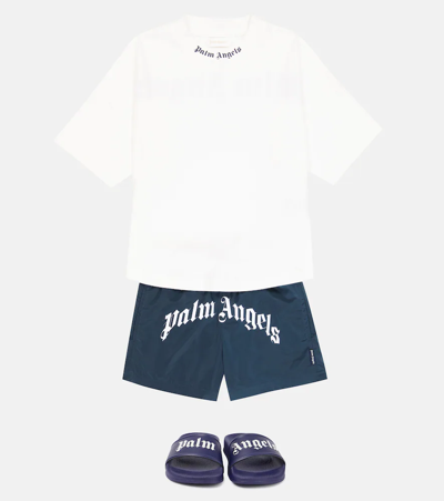 Palm Angels Boys Navy Kids Logo-print Shell Swim Shorts 6-12 Years 8 Years In Navy Blue White