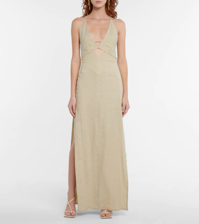 Shop Galvan Isola Linen-blend Halterneck Maxi Dress In Sandstone