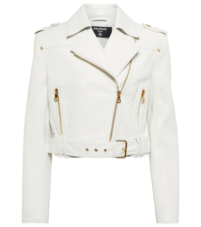 Shop Balmain Leather Biker Jacket In Blanc