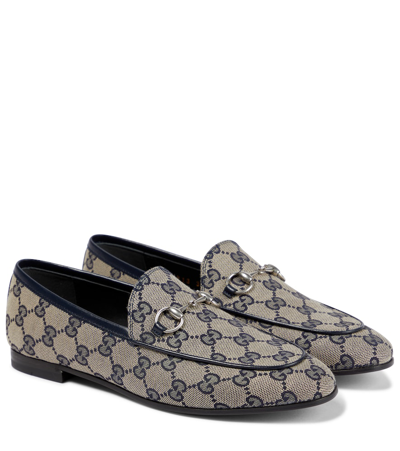 Shop Gucci Jordaan Gg Canvas Loafers In Beige Blue/blu