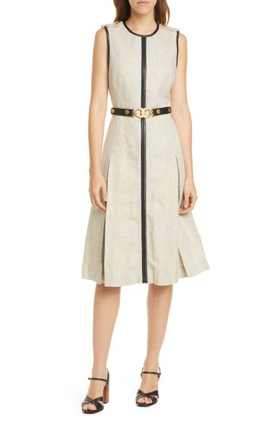 Tory Burch Leather Trim Linen Midi Dress In New Ivory/ Safari Heavy Linen |  ModeSens