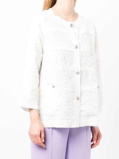 Shiatzy Chen Textured-knit Crop-sleeve Cardigan In White