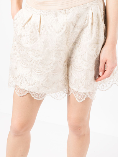 Shop Shiatzy Chen Art-deco Lace Shorts In Neutrals