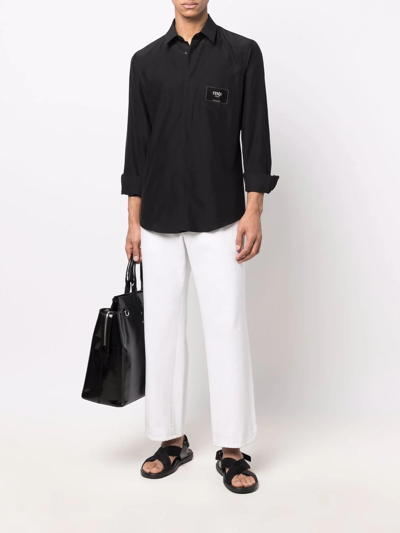 Shop Fendi Logo-patch Button-up Shirt In Schwarz