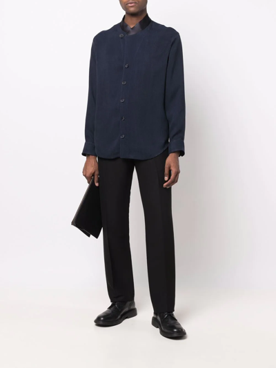 Shop Giorgio Armani Band Collar Long-sleeve Shirt In Blau