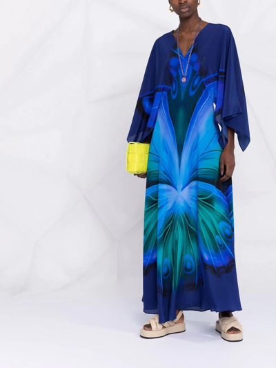Shop Alberta Ferretti Butterfly-print Silk Kaftan Dress In Blau