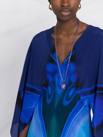 Shop Alberta Ferretti Butterfly-print Silk Kaftan Dress In Blau