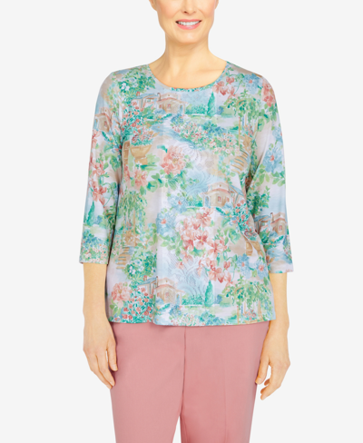 Alfred Dunner Petite Size Isle Of Capri Garden Scenic Top In Multi