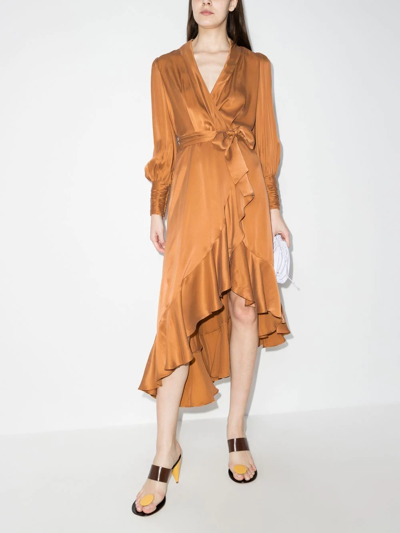 Shop Zimmermann Silk Wrapped Midi Dress In Brown