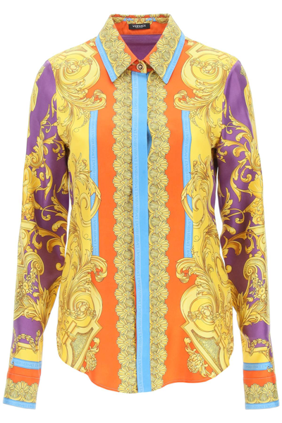 Shop Versace Barocco Goddess Silk Shirt In Gold,orange,blue