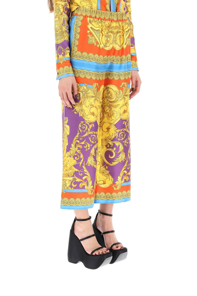 Shop Versace Barocco Goddess Silk Trousers In Orange,gold,blue