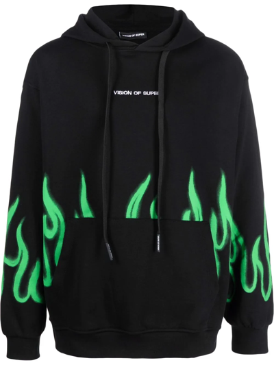 Shop Vision Of Super Flame-print Rib-trimmed Hoodie In Black
