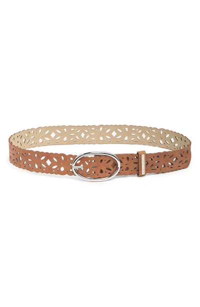 Shop Vince Camuto Lasercut Perforated Faux Leather Belt In Sandstone