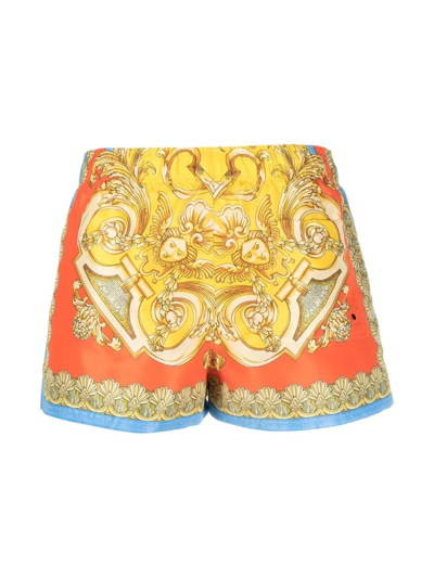 Shop Versace Barocco Goddess Swim Shorts In Yellow