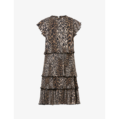 Shop Allsaints Antheia Kiku Leopard-print Pleated Recycled-polyester Mini Dress In Honey Brown