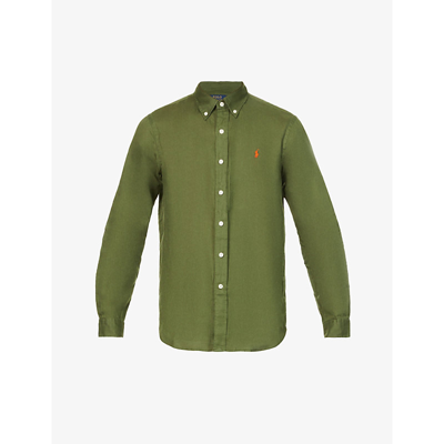 Shop Polo Ralph Lauren Logo-embroidered Custom-fit Linen Shirt In Supply Olive