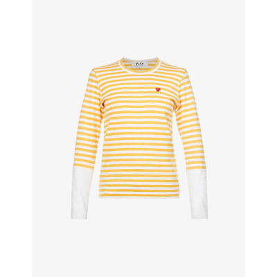 Shop Comme Des Garçons Play Heart-embellished Cotton-jersey T-shirt In Yellow White