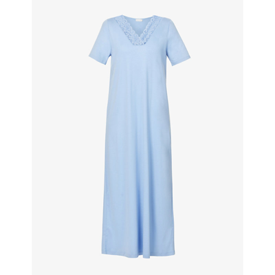 Shop Hanro Moments Lace-trimmed Cotton-jersey Nightdress In 1592 Blue Moon