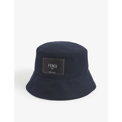 Shop Fendi Brand-patch Wide-brim Cotton-canvas Bucket Hat In Blue