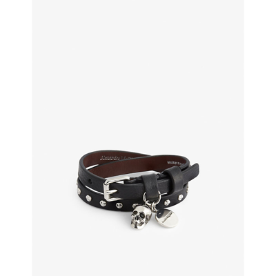 Shop Alexander Mcqueen Skull Charm-embellished Leather Wrap Bracelet In Black