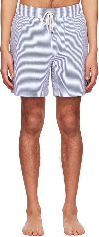 Shop Polo Ralph Lauren Blue & White Cotton Swim Shorts In Cruise Royal Seersuc