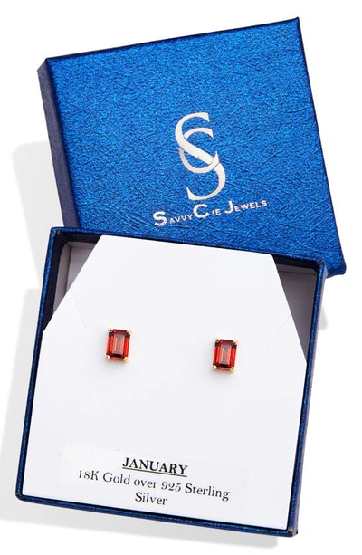 Savvy Cie Jewels Vermeil Sterling Silver Emerald Cut Cz Box Stud Earrings In Garnet - January