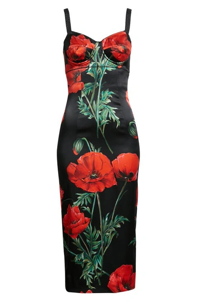 Shop Dolce & Gabbana Poppy Print Bustier Sheath Dress In Nero