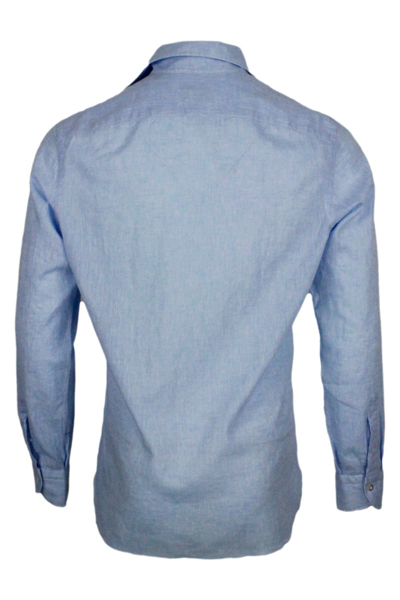 Shop Borriello Napoli Light Shirt In Slub Cotton And Linen In Light Blu
