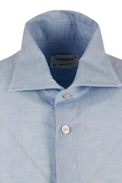 Shop Borriello Napoli Light Shirt In Slub Cotton And Linen In Light Blu