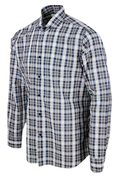 Shop Borriello Napoli Checked Shirt In Cotton And Linen In Blu