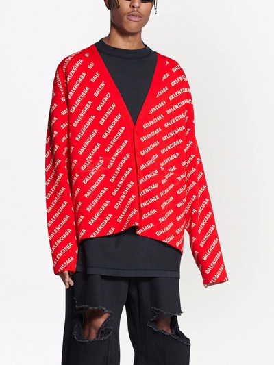 Shop Balenciaga Mini All-over Logo Print Cardigan In Red