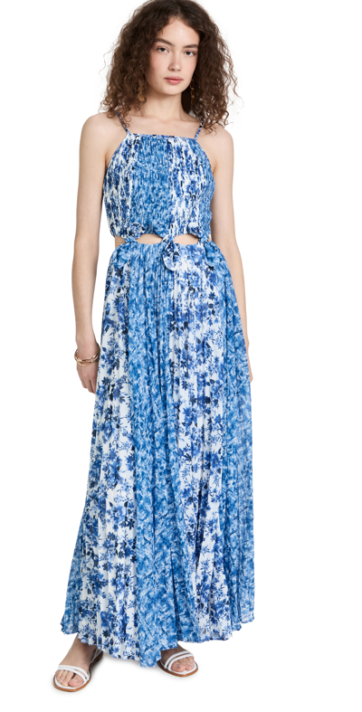 Shop Amur Holland Tie Pleated Dress In Mykonos Blue Porcelain Floral