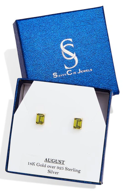 Shop Savvy Cie Jewels Vermeil Sterling Silver Emerald Cut Cz Box Stud Earrings In Peridot - August