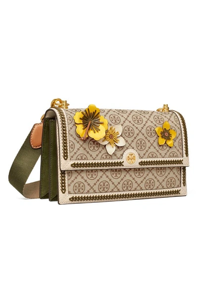 Tory Burch T Monogram Braided Floral Shoulder Bag In Hazelnut