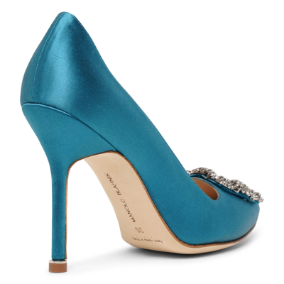 Shop Manolo Blahnik Hangisi 105 Teal Satin Pumps