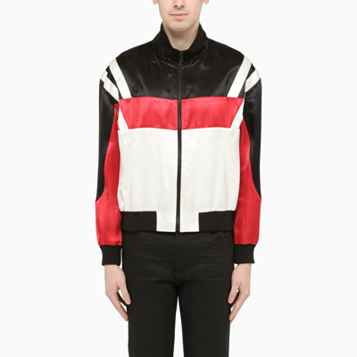 Shop Saint Laurent Black/white/red Satin Bomber Jacket In Multicolor