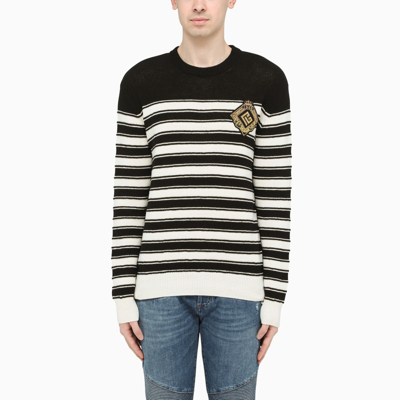 Shop Balmain Black/white Striped Sweater With Patch In Multicolor