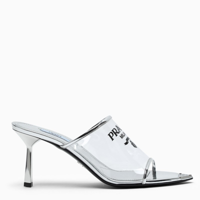 Shop Prada Silver Leather And Pvc Sandals With Logo Triangle In Metal