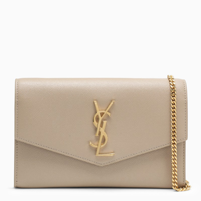 Saint Laurent Uptown Grained Leather Chain Wallet In Beige