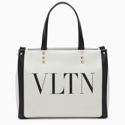 Shop Valentino Vltn Tote Bag In Canvas And Leather In Beige