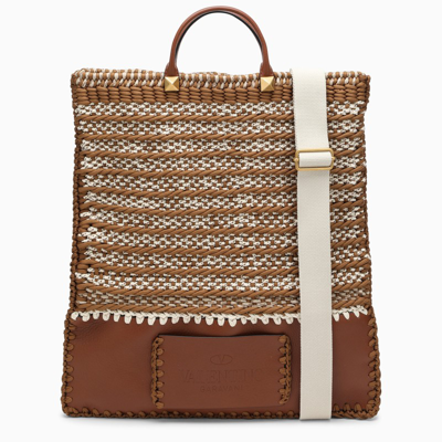 Shop Valentino Brown/white Crochet Flat Tote Bag In Beige