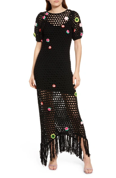 SOMETHING NAVY FLORAL CROCHET MIDI DRESS 