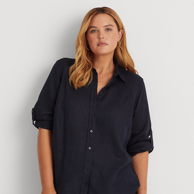 Shop Lauren Woman Relaxed Fit Linen Roll Tab-sleeve Shirt In Lauren Navy