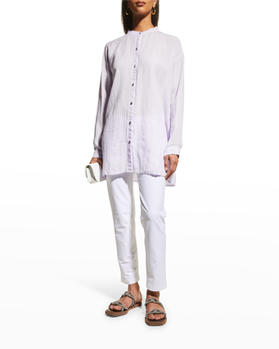 Shop Eileen Fisher Mandarin-collar Boxy Linen Shirt In Wisteria