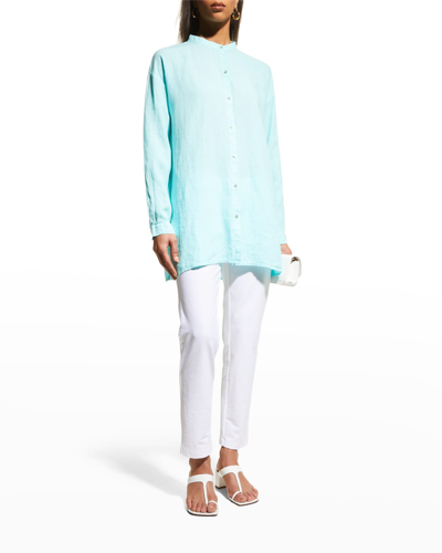Shop Eileen Fisher Mandarin-collar Boxy Linen Shirt In Aqua