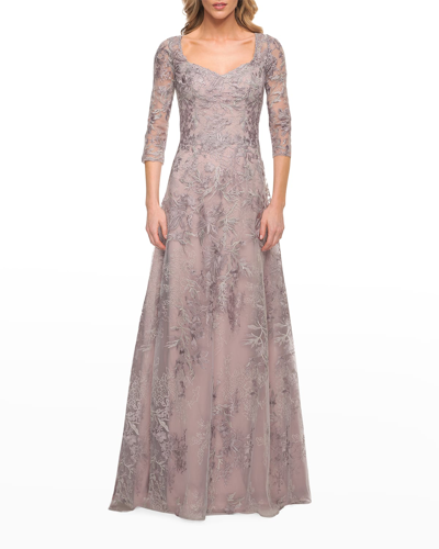 Shop La Femme 3/4-sleeve Lace A-line Gown In Silverpink