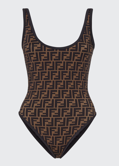 Shop Fendi Ff Logo Scoop-back One-piece Swimsuit In Black
