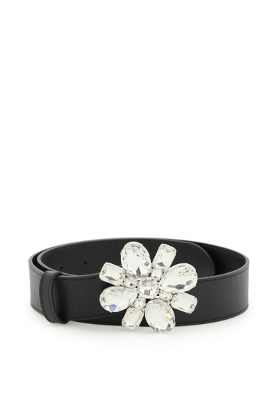 Shop Alessandra Rich Leather Belt With Flower Buckle In Black