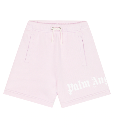 Shop Palm Angels Logo Cotton Shorts In Lilac White
